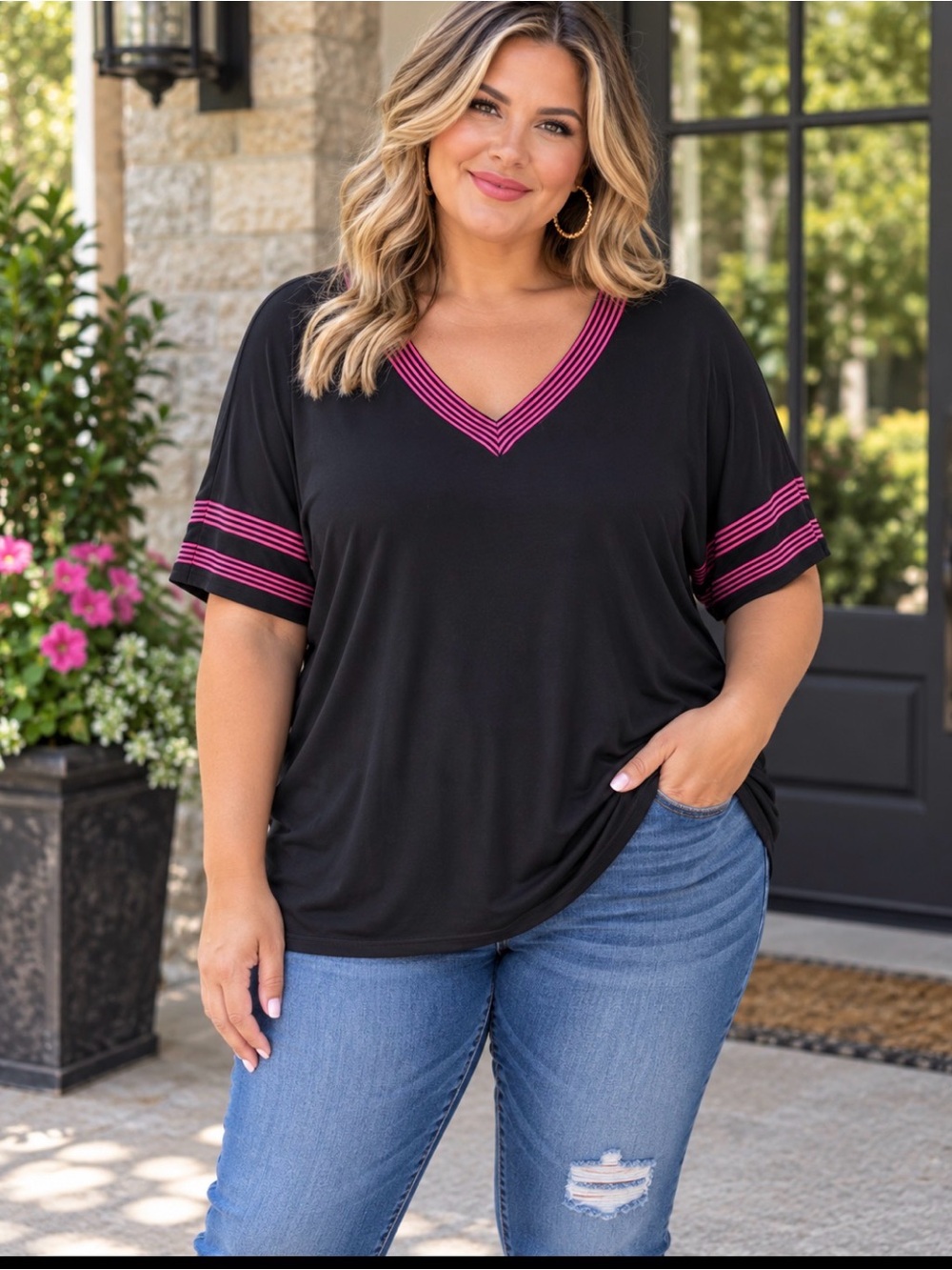 Sew In Love Black V-Neck Jersey Style Tee with Pink Stripe Trim